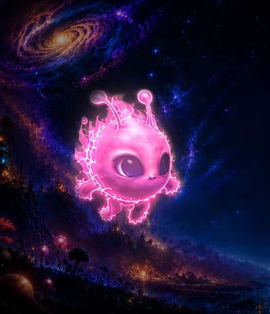 A pink Wisp drifting beneath a spiral galaxy.
