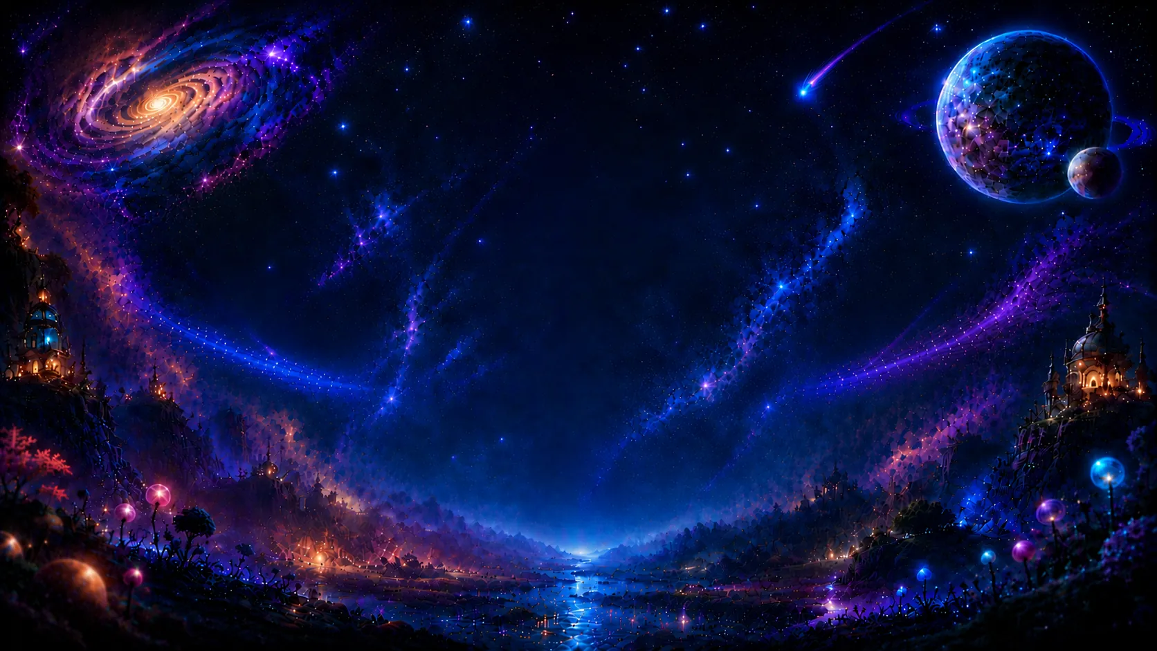 A star field with planets and distant settlements.